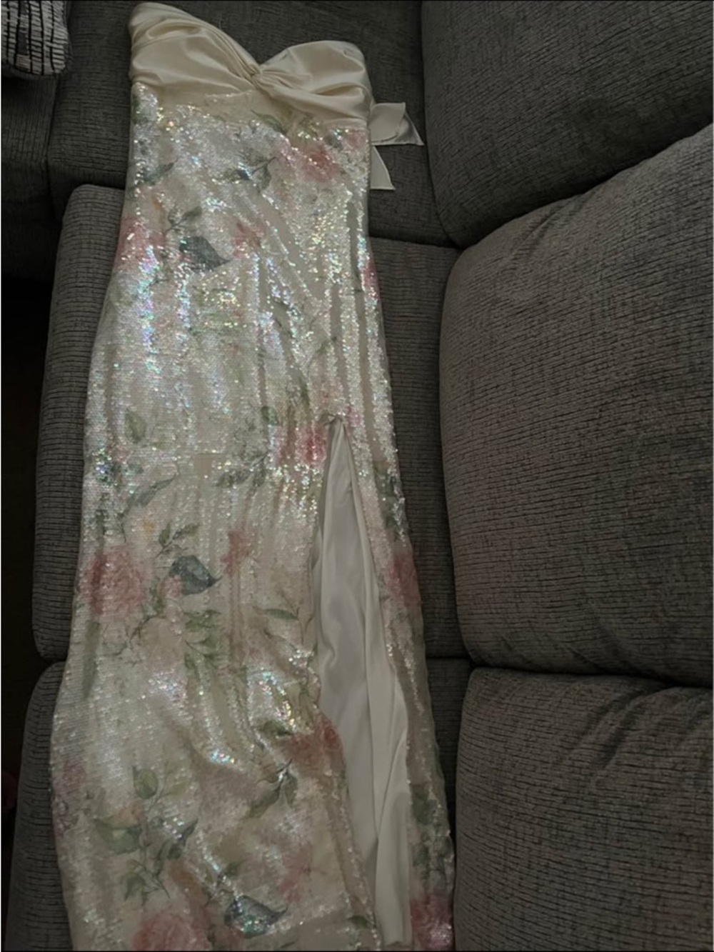 Strapless Sequin Floral Gown in Ivory and Pastel